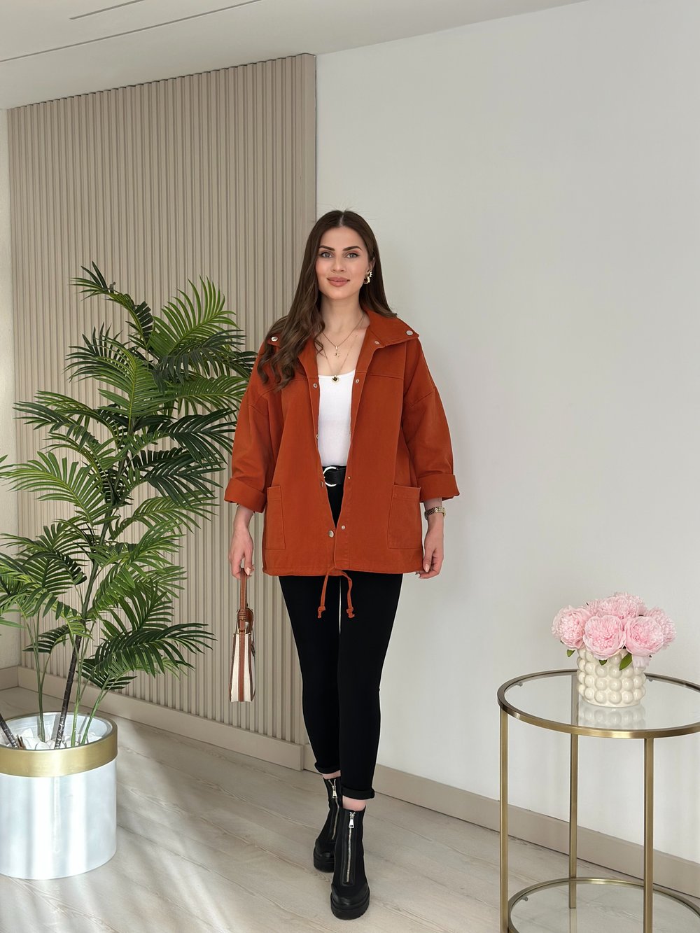 Çıtçıtlı Oversıze Gabardin Ceket Kiremit