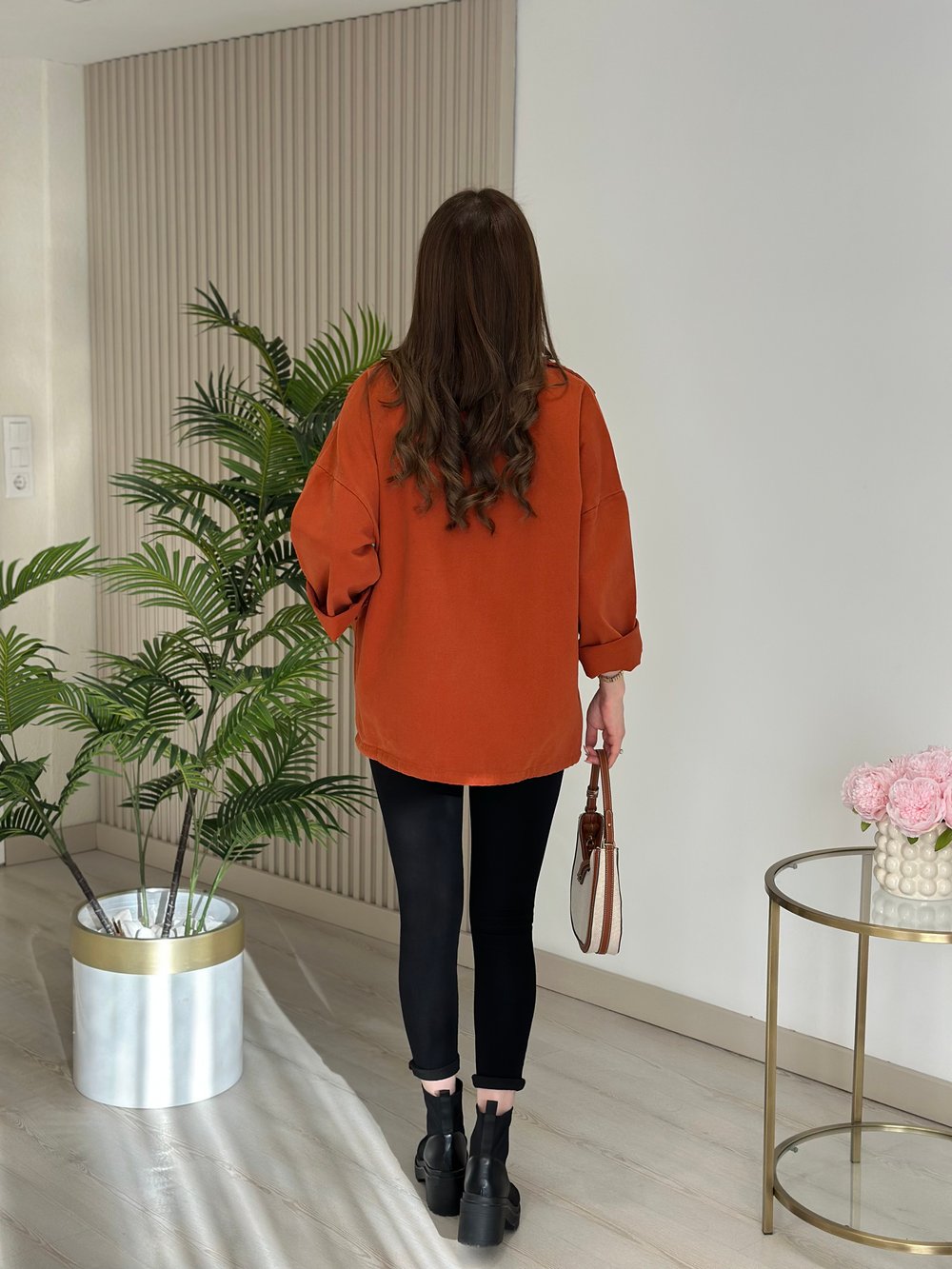 Çıtçıtlı Oversıze Gabardin Ceket Kiremit