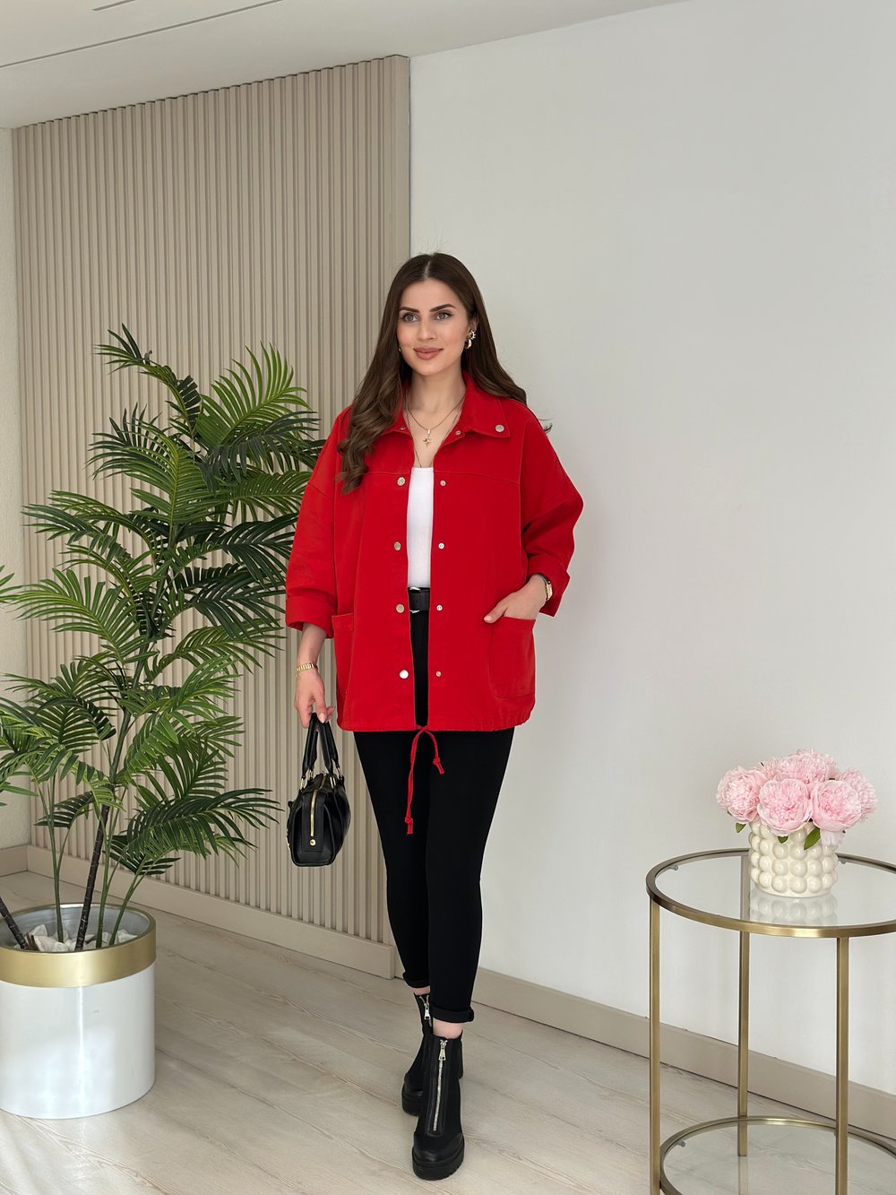 Çıtçıtlı Oversıze Gabardin Ceket Kırmızı