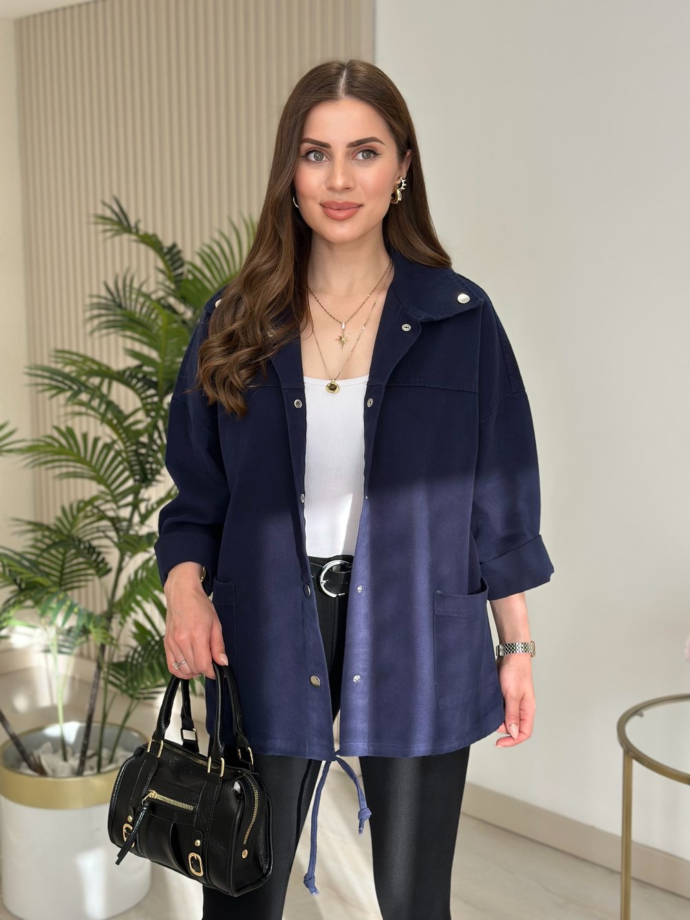 Çıtçıtlı Oversıze Gabardin Ceket Lacivert