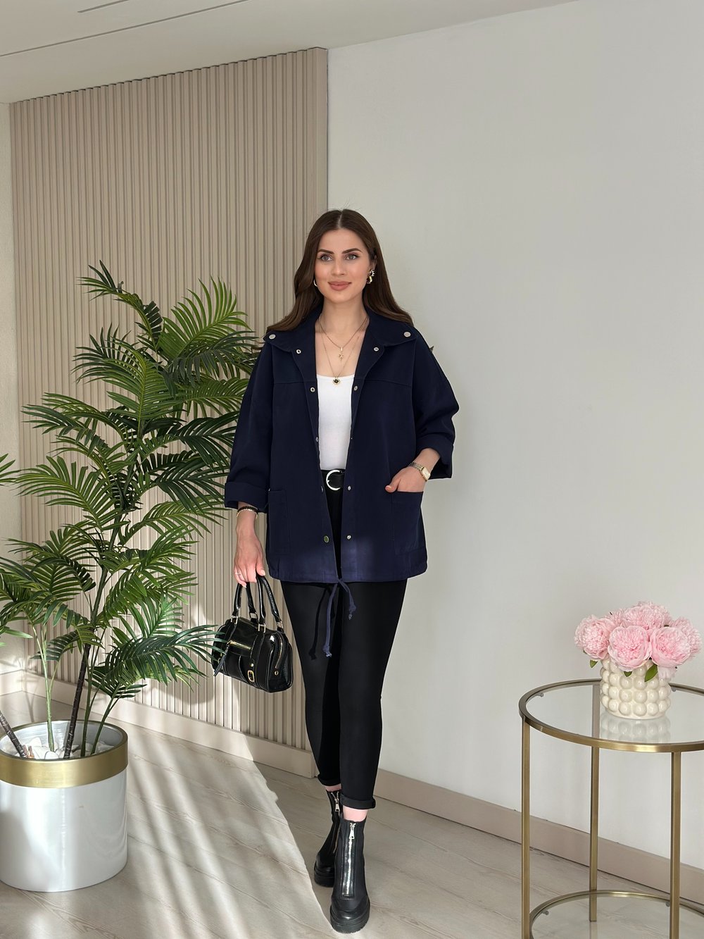 Çıtçıtlı Oversıze Gabardin Ceket Lacivert