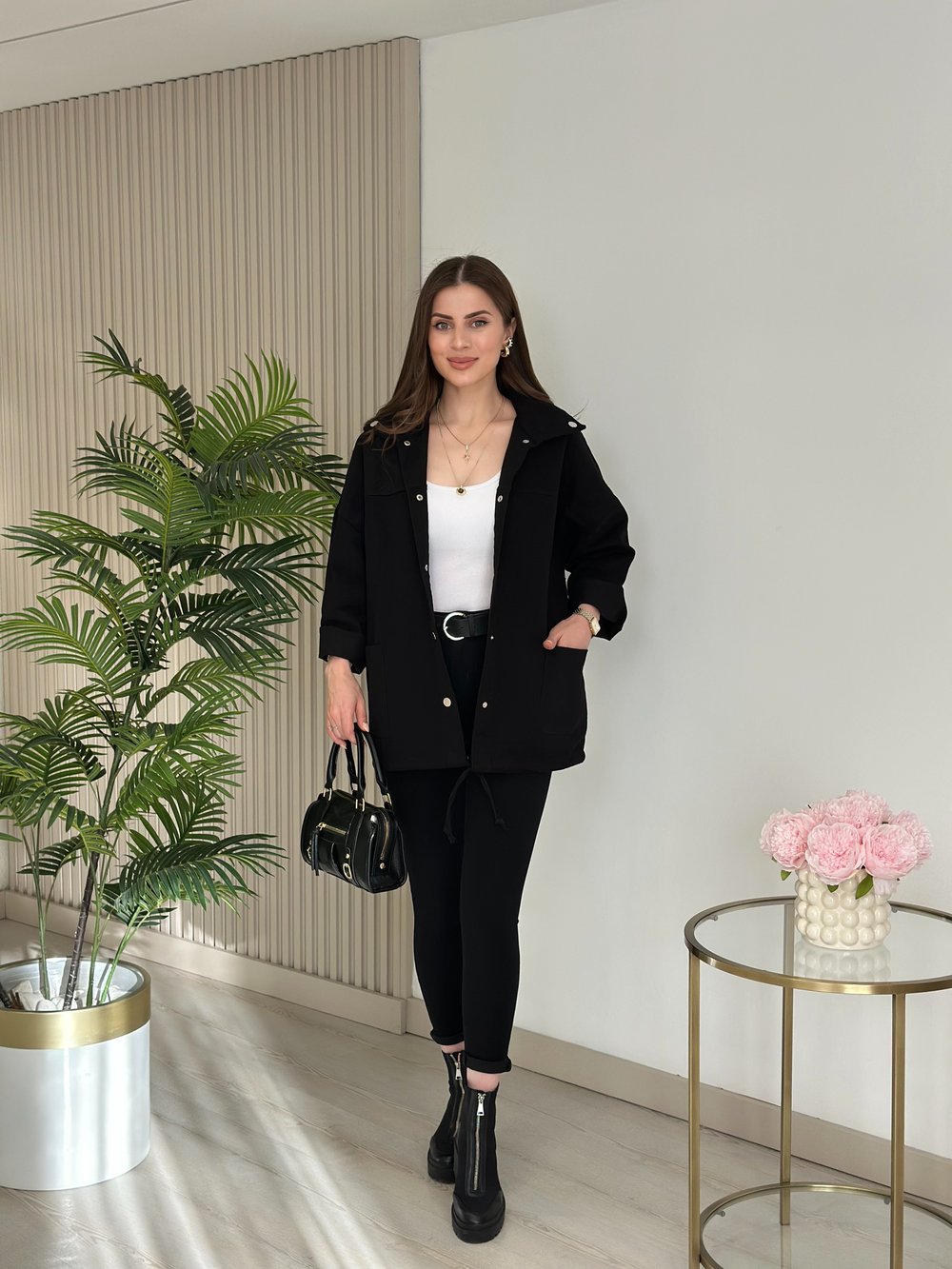 Çıtçıtlı Oversıze Gabardin Ceket Siyah