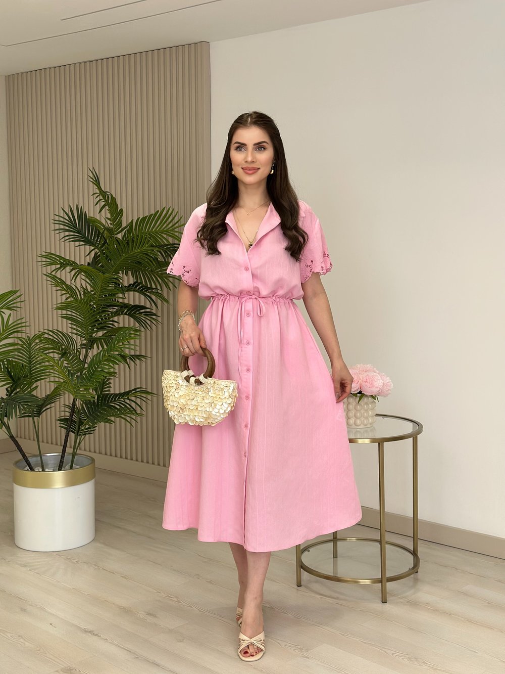 Çizgi Dokulu Beli Büzgülü Kolları Fisto Detaylı Elbise Pembe