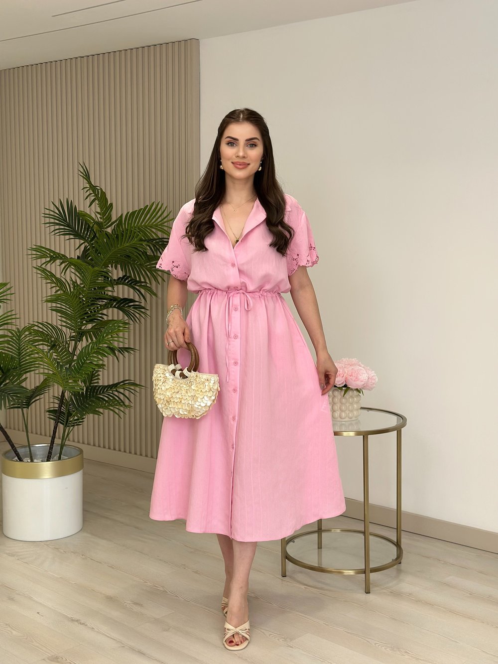 Çizgi Dokulu Beli Büzgülü Kolları Fisto Detaylı Elbise Pembe