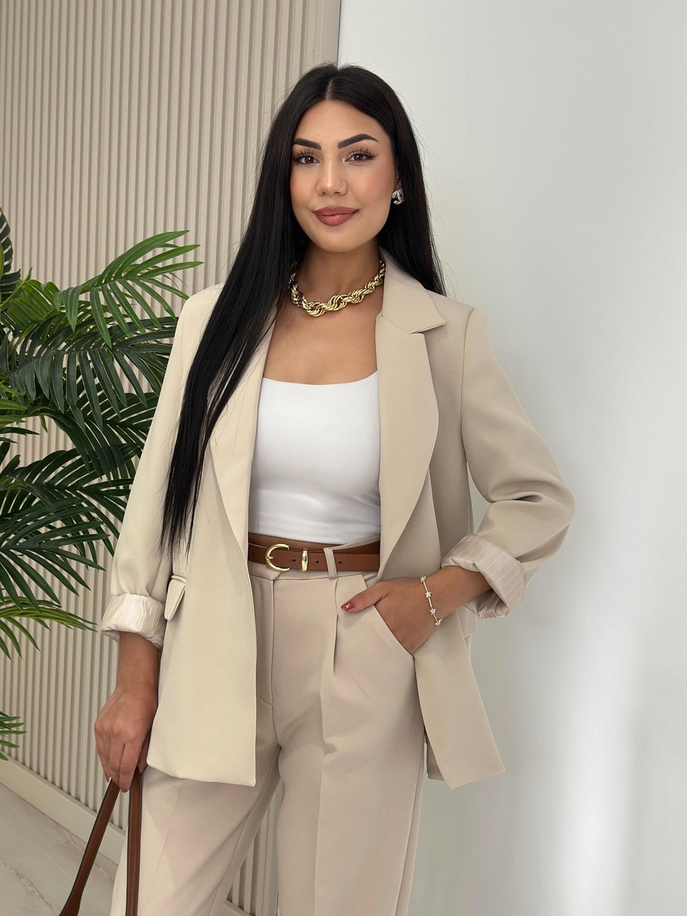 Çizgili Astarlı Blazer Ceket Bej