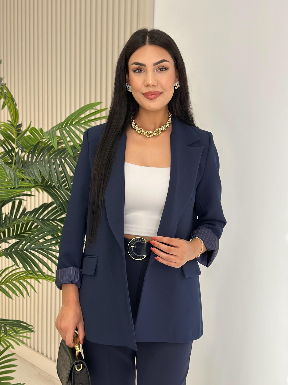 Çizgili Astarlı Blazer Ceket Lacivert