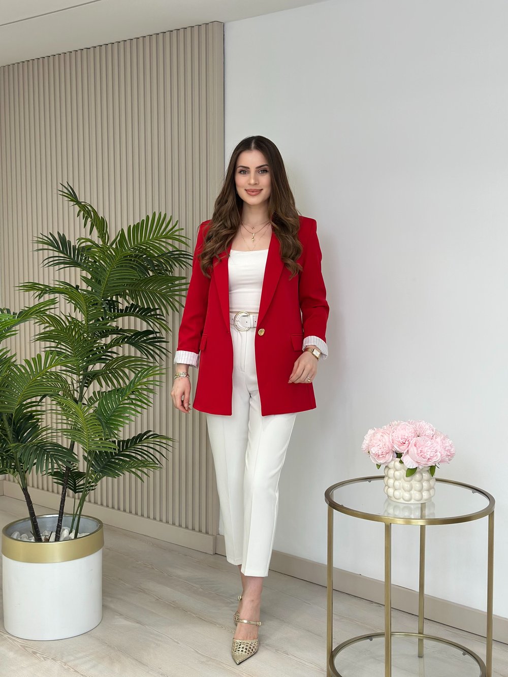 Çizgili Astarlı Tek Gold Düğmeli Blazer Ceket Kırmızı
