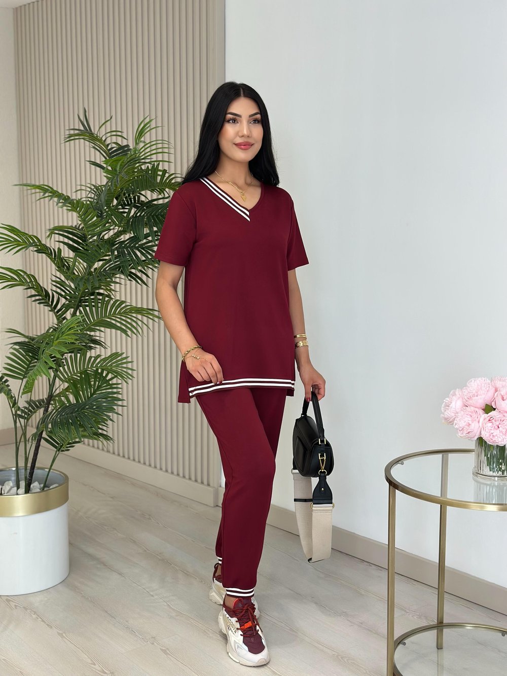 Çizgili Biyeli Modal Kumaş Takım Bordo