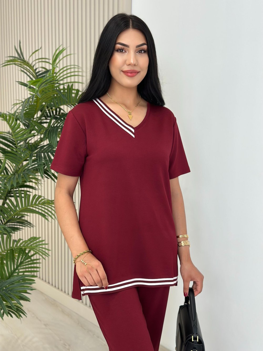 Çizgili Biyeli Modal Kumaş Takım Bordo