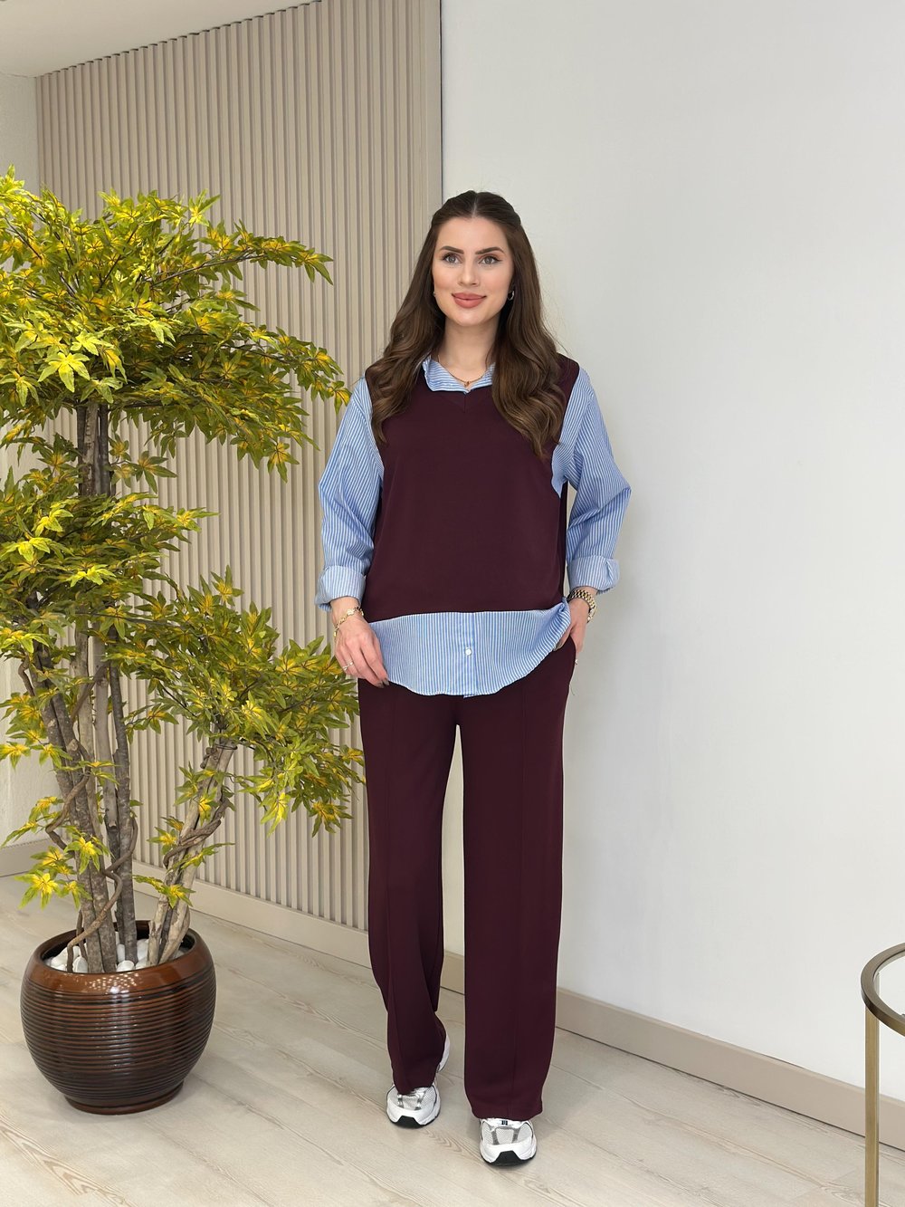 Çizgili Gömlek Detaylı Modal Kumaş Takım Bordo