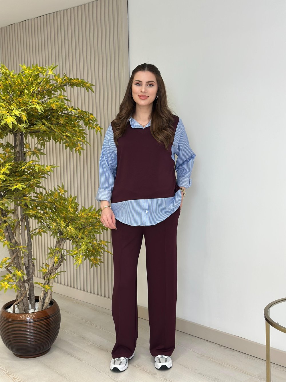 Çizgili Gömlek Detaylı Modal Kumaş Takım Bordo