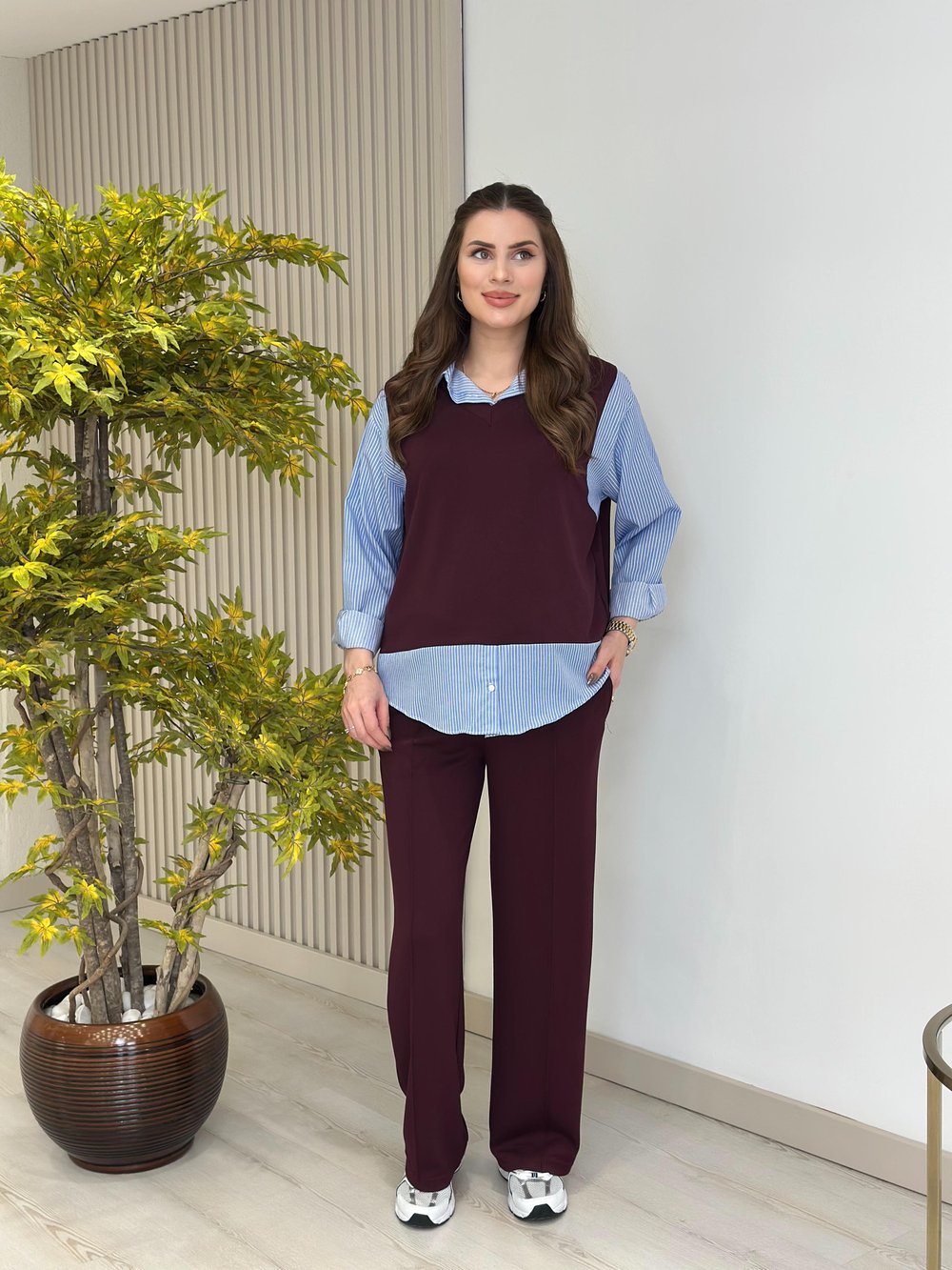 Çizgili Gömlek Detaylı Modal Kumaş Takım Bordo