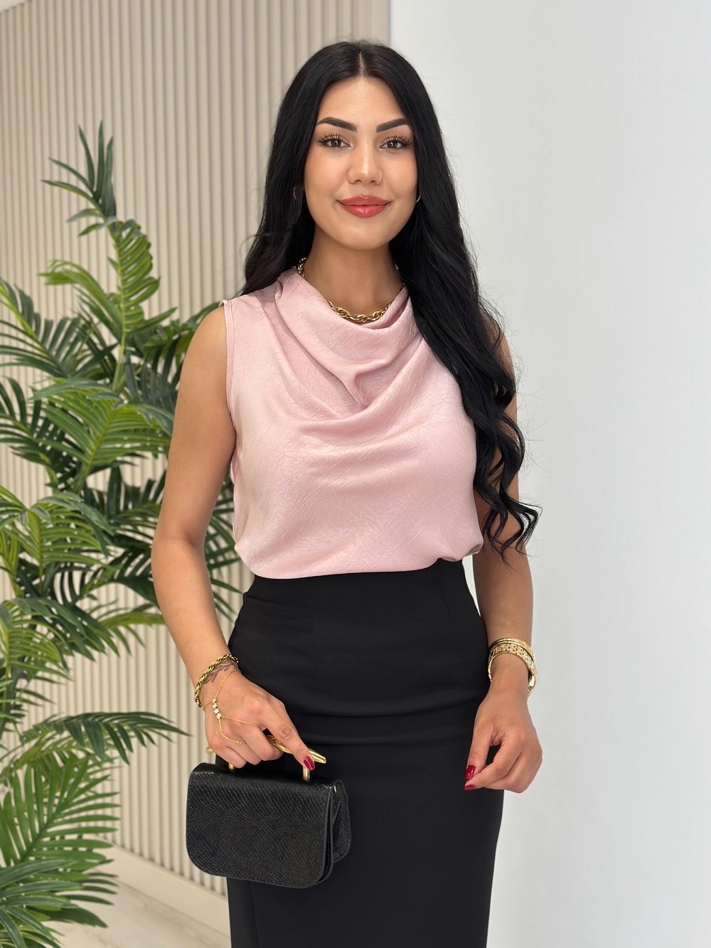 Degaje Yaka Pamuk Saten Premium Kalite Bluz Pudra