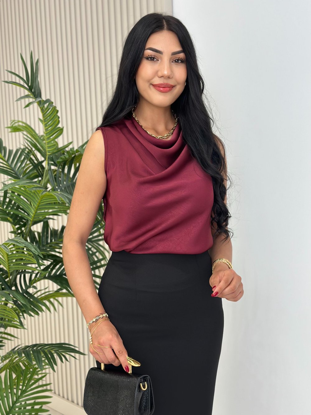 Degaje Yaka Pamuk Saten Premium Kalite Bluz Bordo