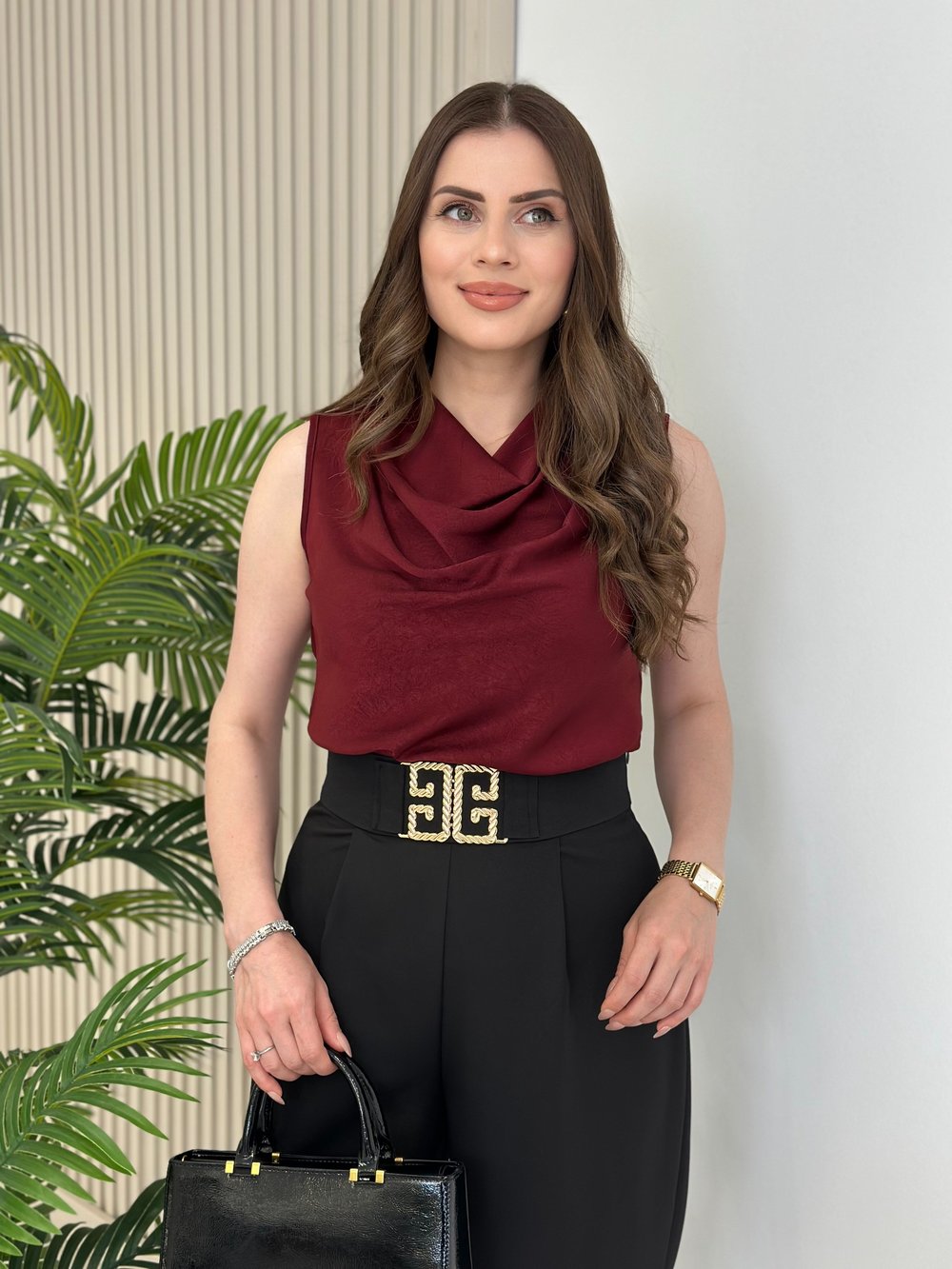Degaje Yaka Pamuk Saten Premium Kalite Bluz Bordo