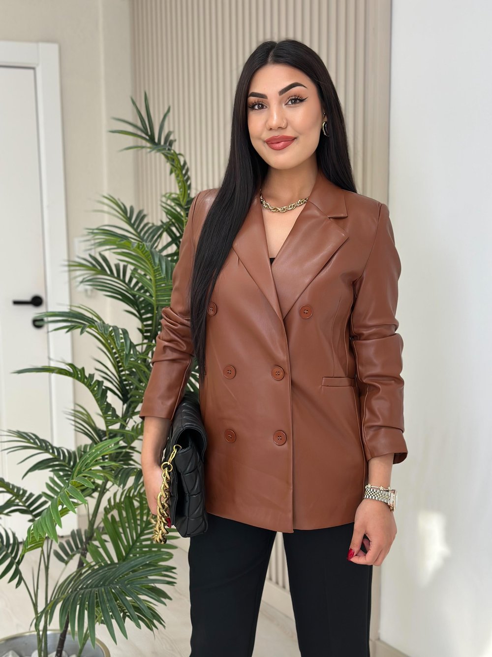 Deri Blazer Ceket Taba