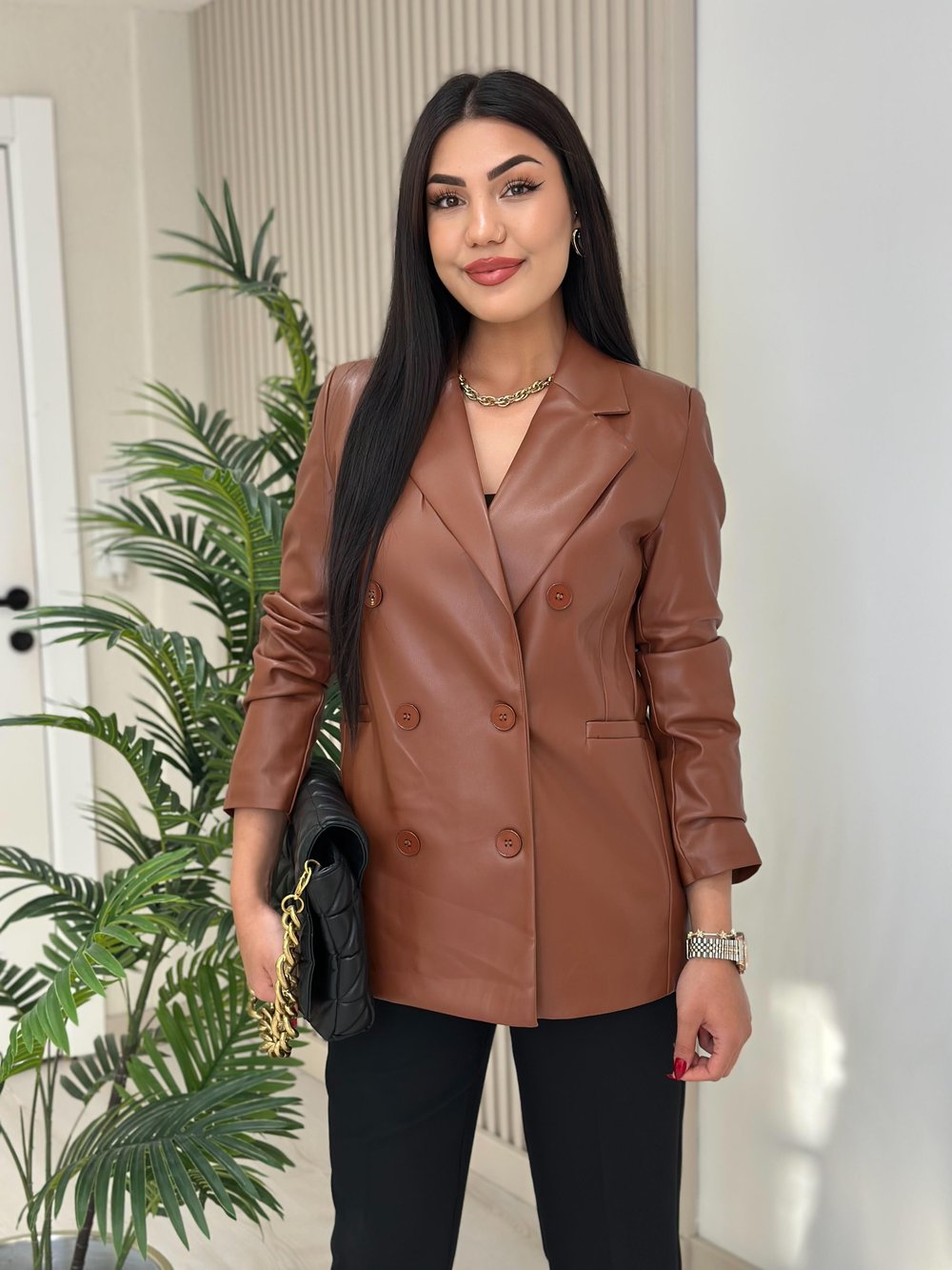 Deri Blazer Ceket Taba