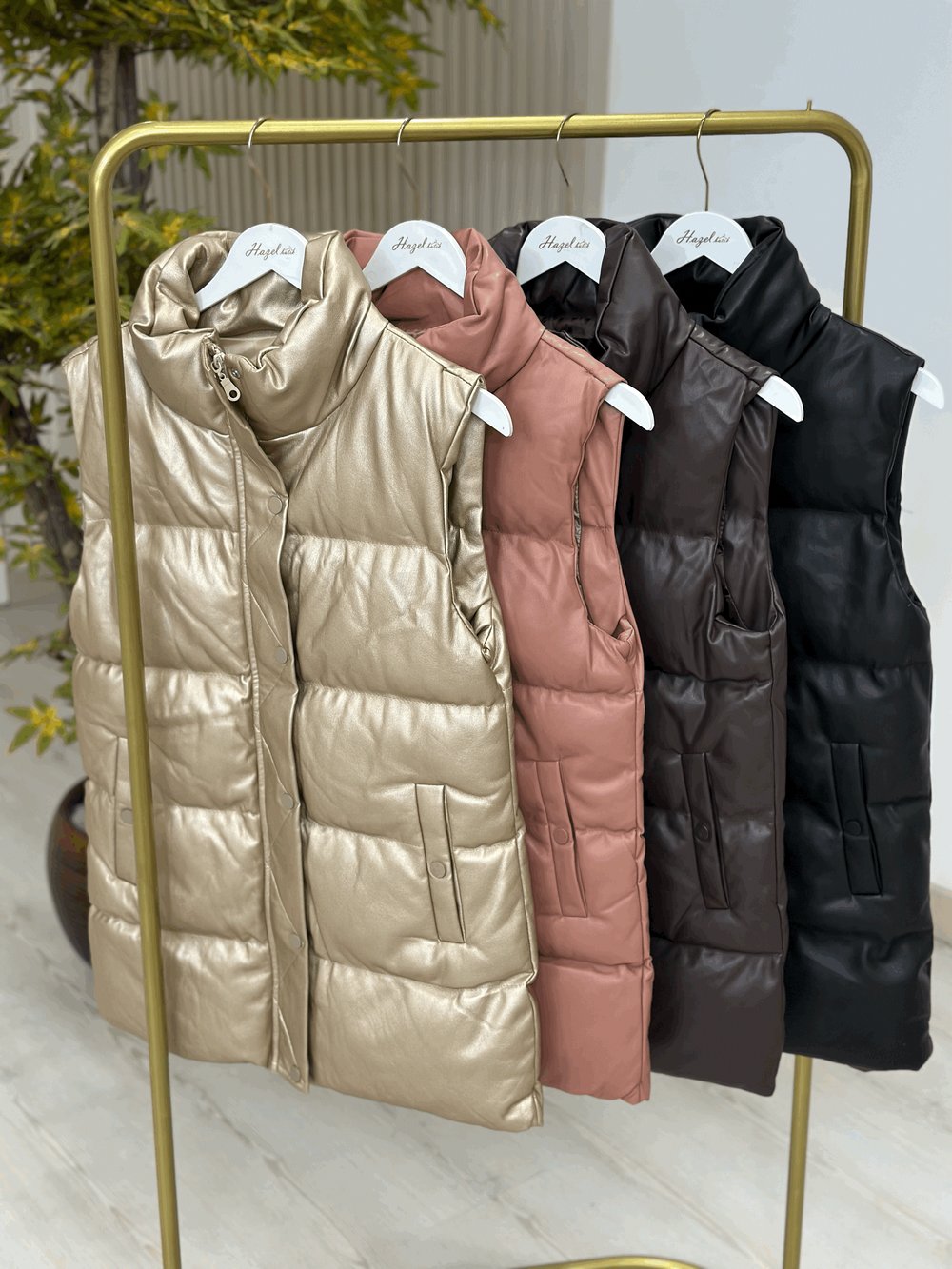 Deri Puffer Yelek Gold
