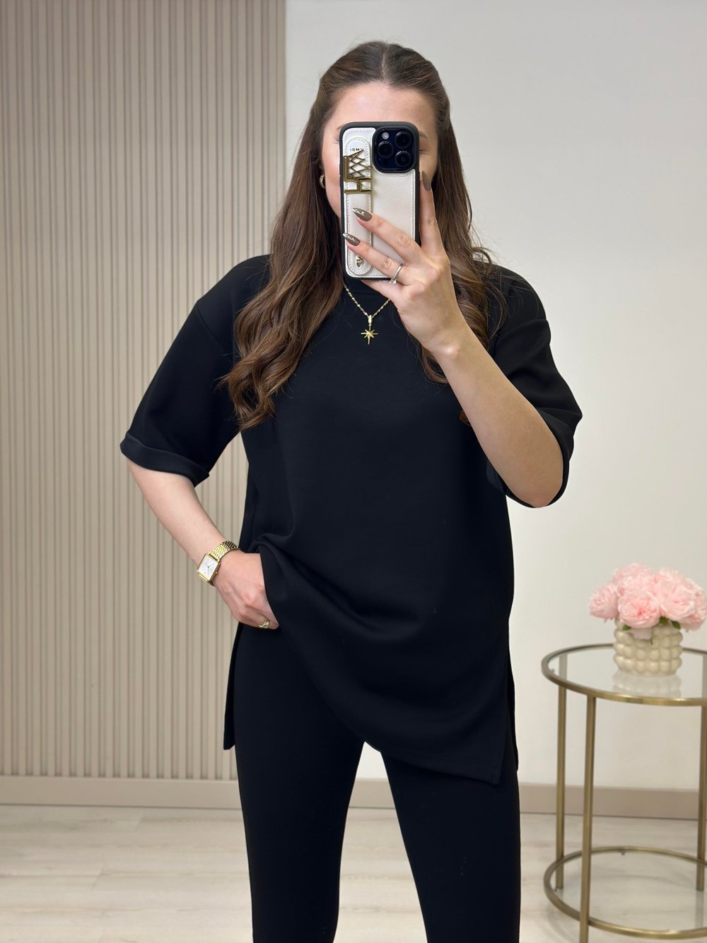 Double Kol Yanları Yırtmaçlı Tok Dokulu Modal Kumaş Tshirt Siyah