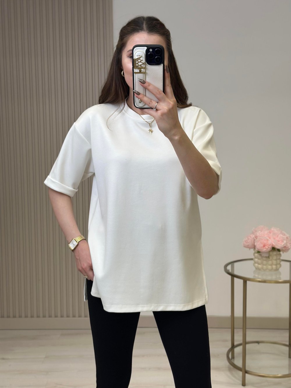 Double Kol Yanları Yırtmaçlı Tok Dokulu Modal Kumaş Tshirt Beyaz
