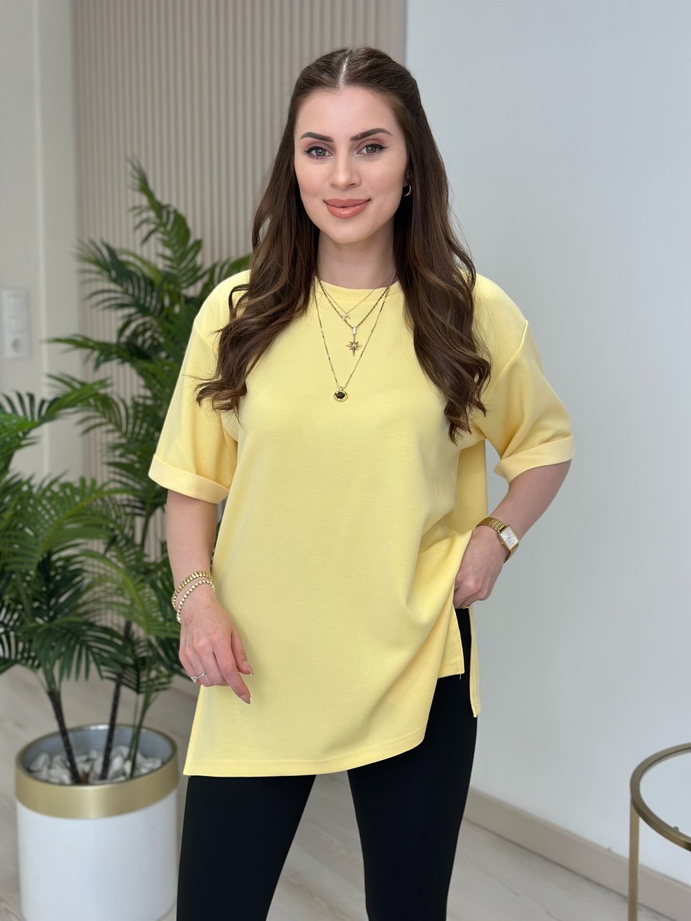 Double Kol Yanları Yırtmaçlı Tok Dokulu Modal Kumaş Tshirt Sarı