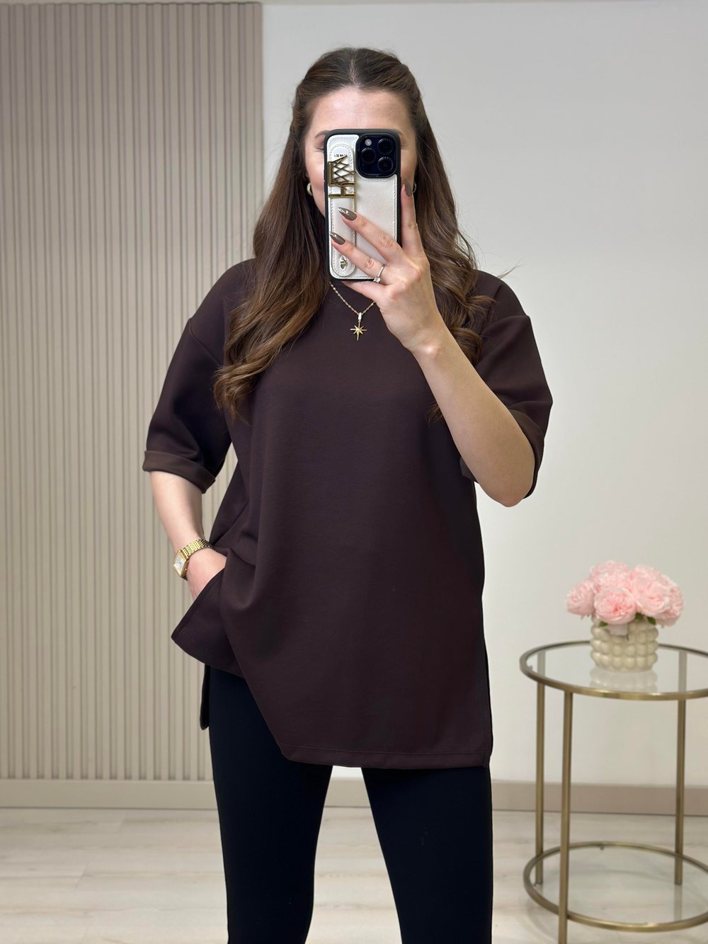 Double Kol Yanları Yırtmaçlı Tok Dokulu Modal Kumaş Tshirt Kahve