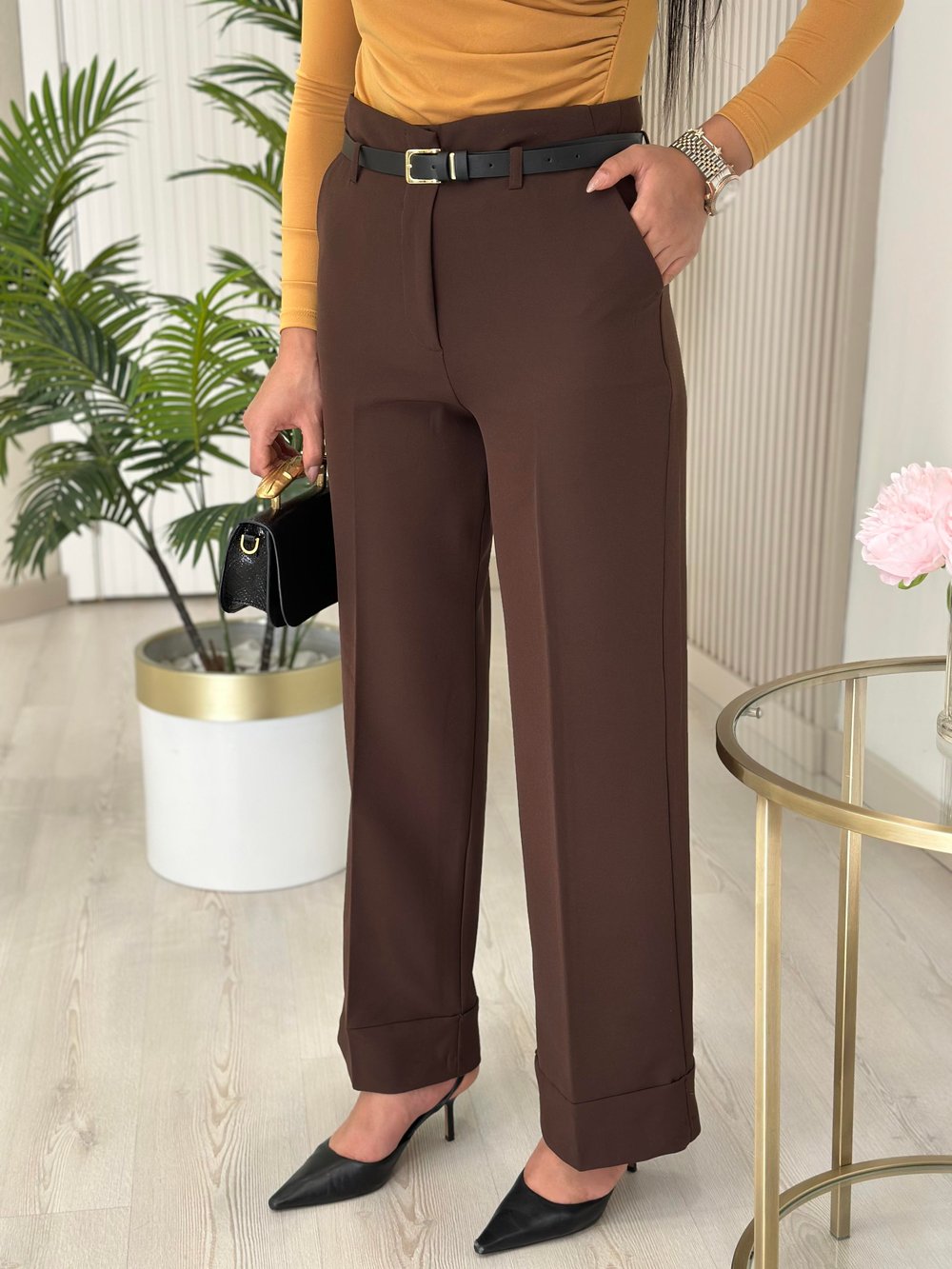 Double Paça Kemerli Kumaş Pantolon Kahve