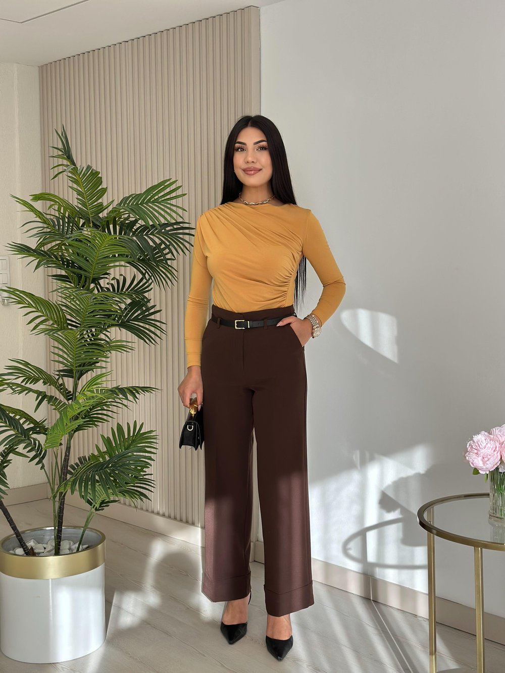Double Paça Kemerli Kumaş Pantolon Kahve