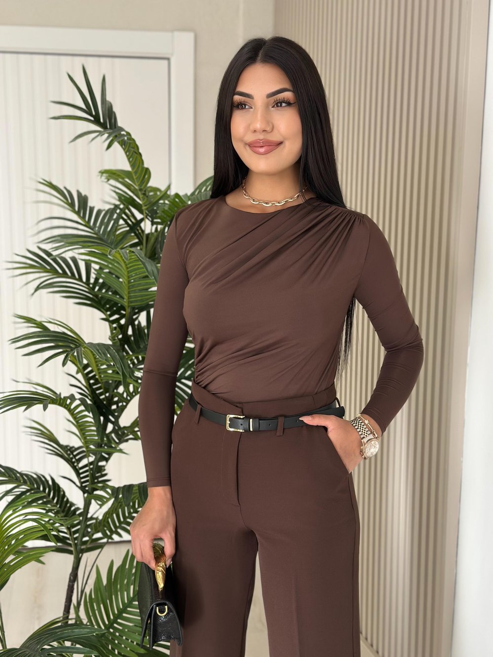 Drapeli Sandy Kumaş Bluz Kahve