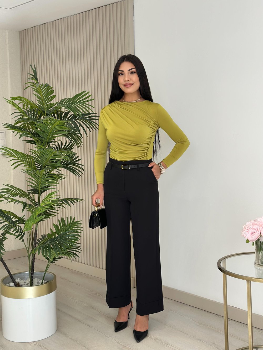 Drapeli Sandy Kumaş Bluz Yağ Yeşili
