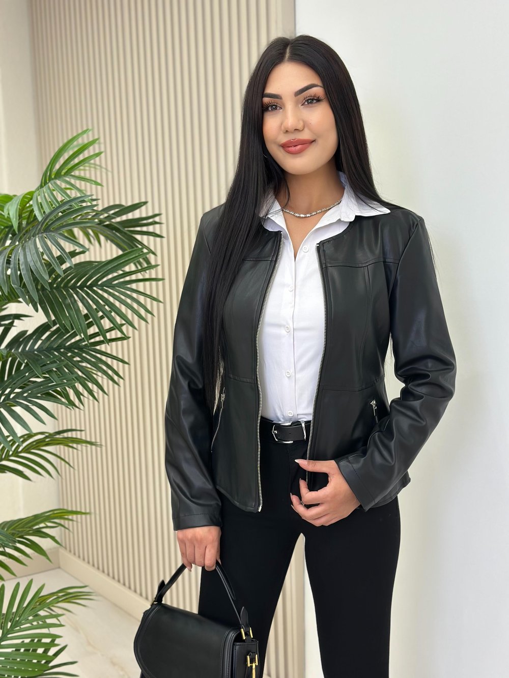 Fermuarlı Sıfır Yaka Marka Model Deri Mont Siyah