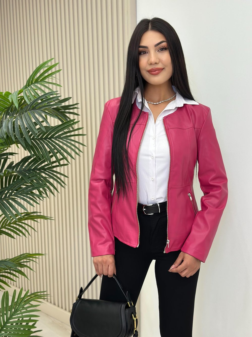 Fermuarlı Sıfır Yaka Marka Model Deri Mont Fuşya