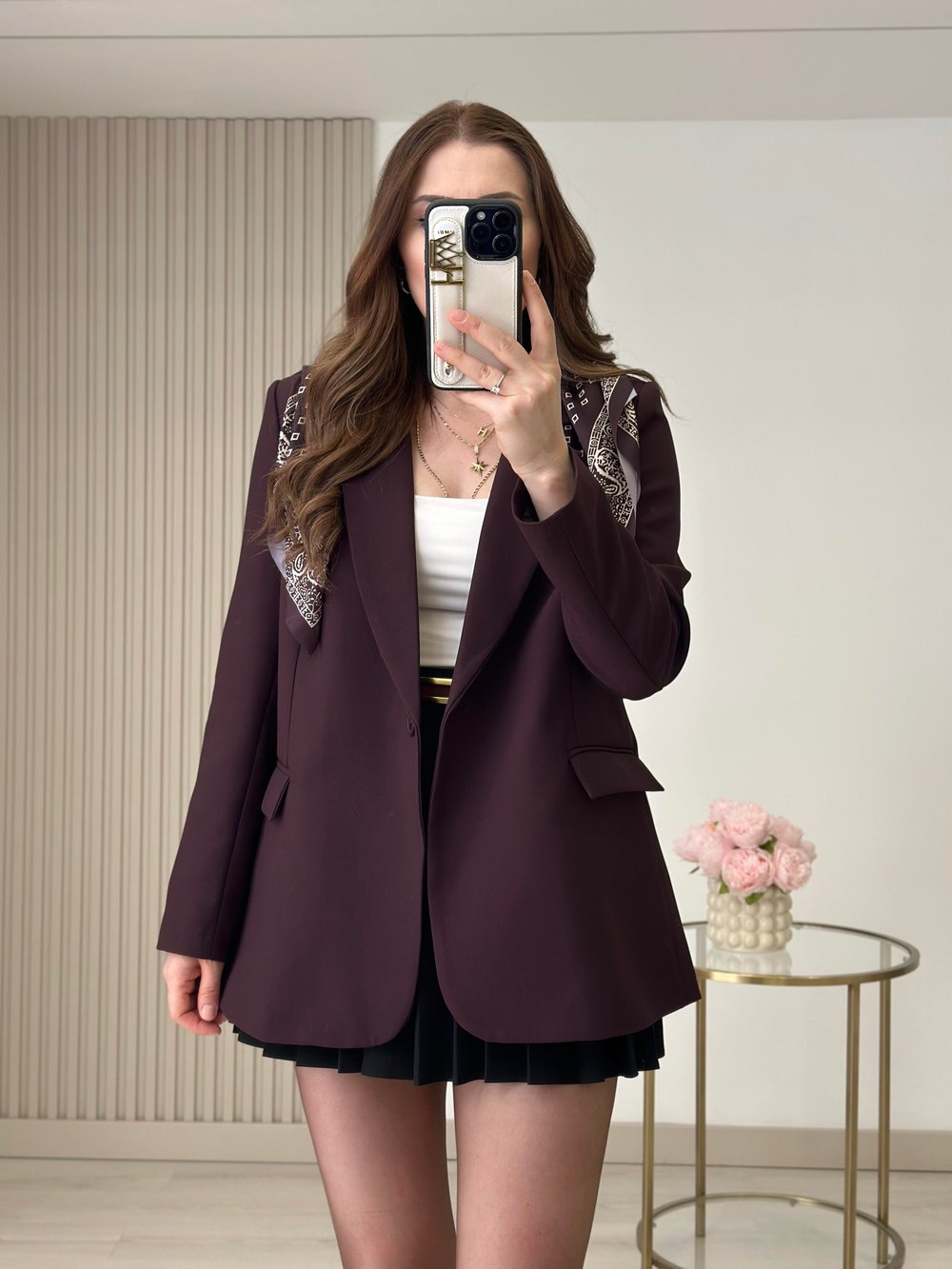 Fular Detaylı Vatkalı Rahat Kalıp Blazer Ceket Mürdüm