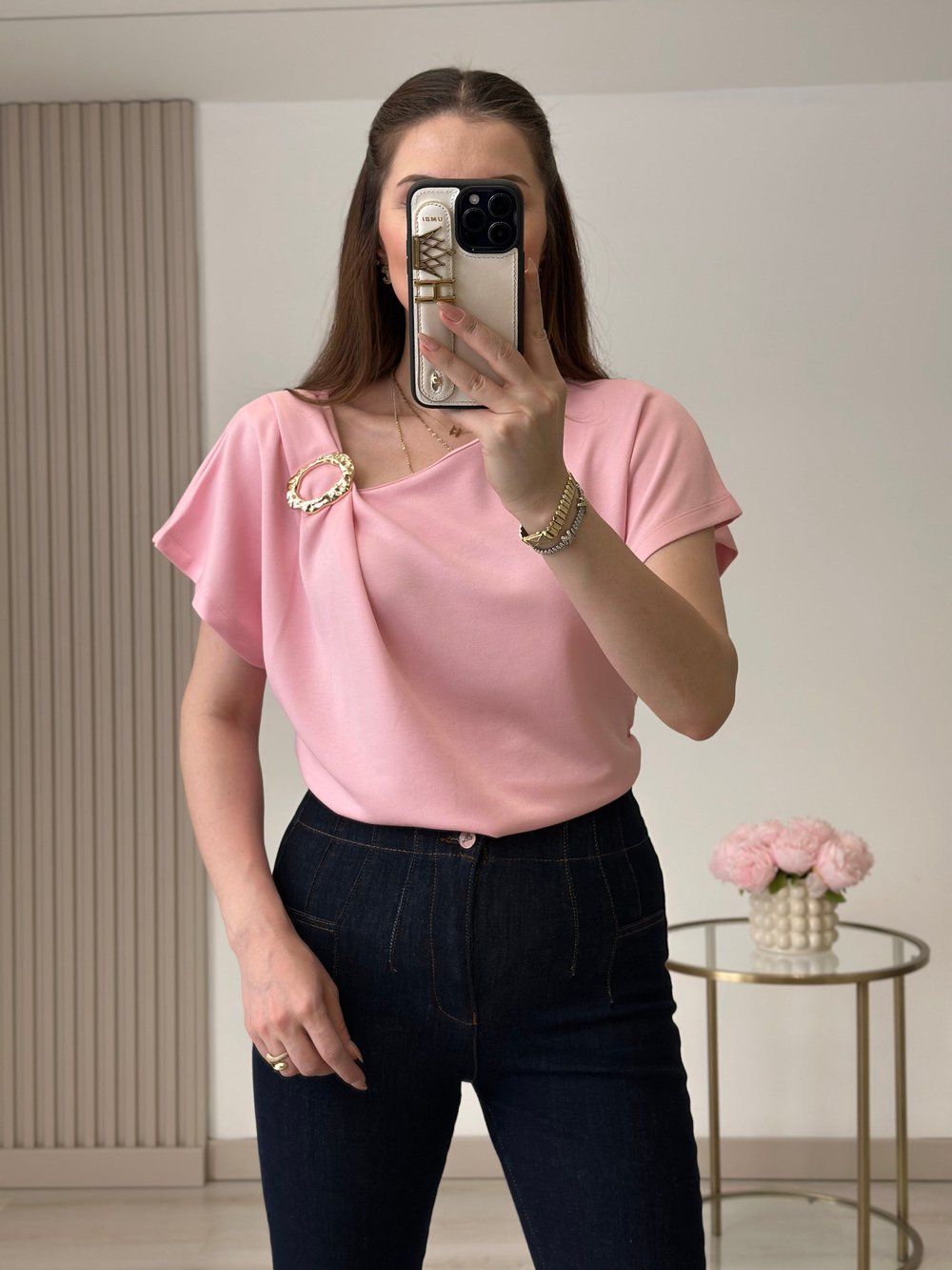 Gold Broşlu Drapeli Modal Kumaş Bluz Toz Pembe
