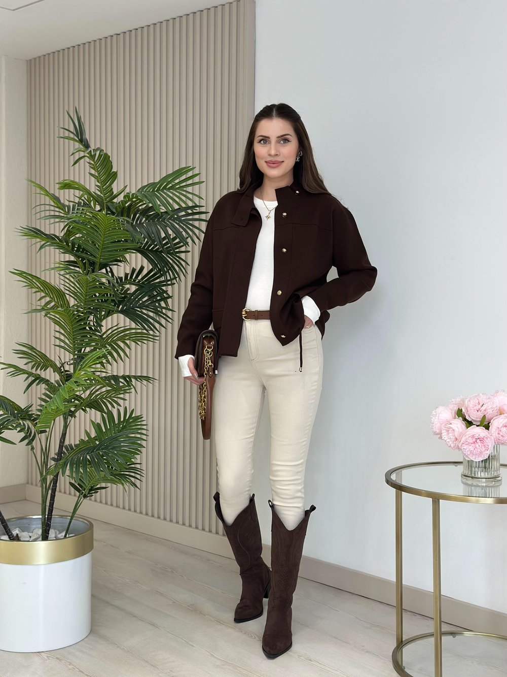 Gold Düğmeli Çelik Örme Hırka Kahve