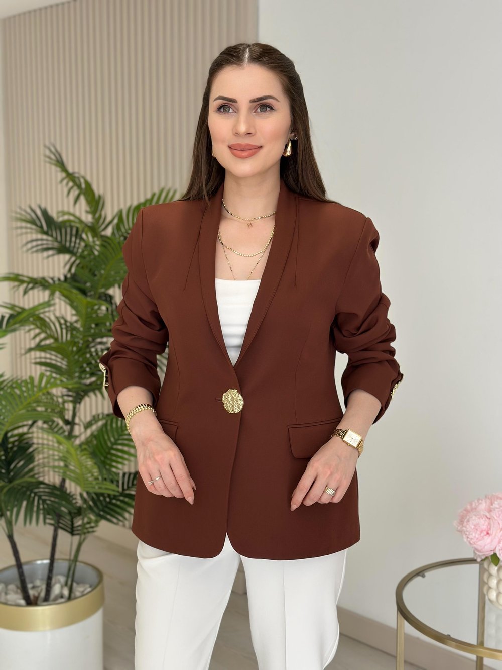 Gold Düğmeli Dik Yaka Blazer Ceket Kahve