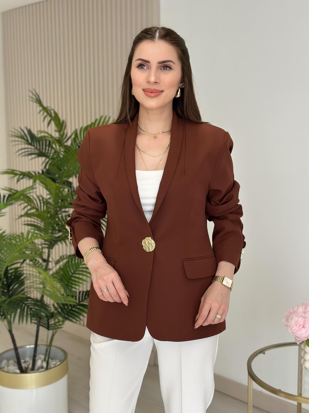 Gold Düğmeli Dik Yaka Blazer Ceket Kahve