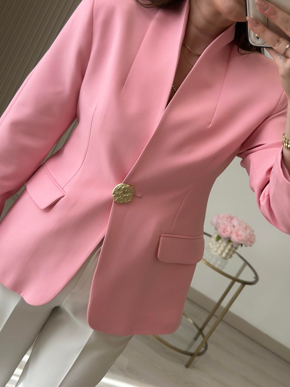 Gold Düğmeli Dik Yaka Blazer Ceket Pembe