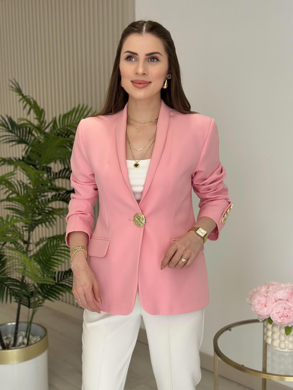 Gold Düğmeli Dik Yaka Blazer Ceket Pembe