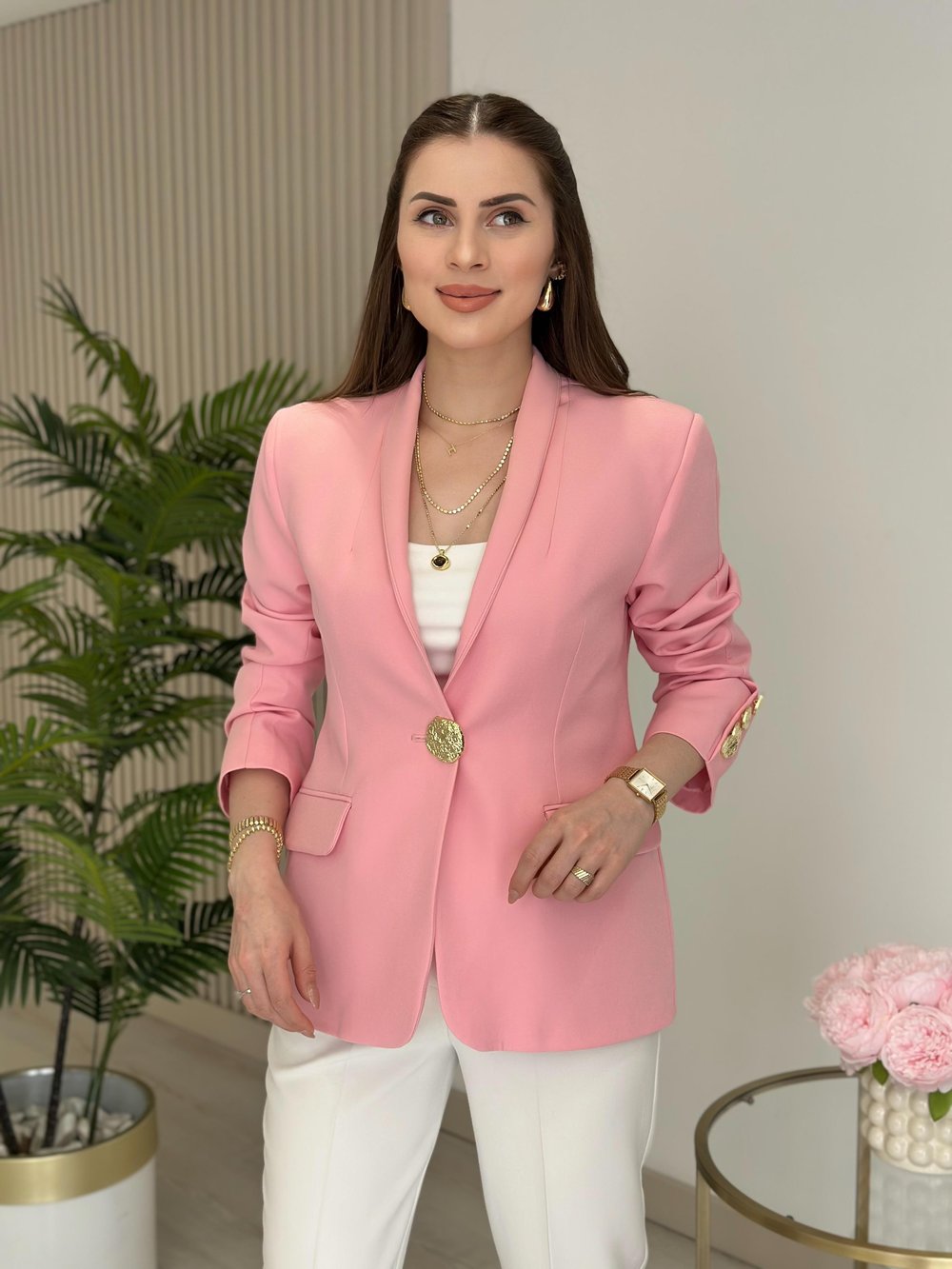 Gold Düğmeli Dik Yaka Blazer Ceket Pembe