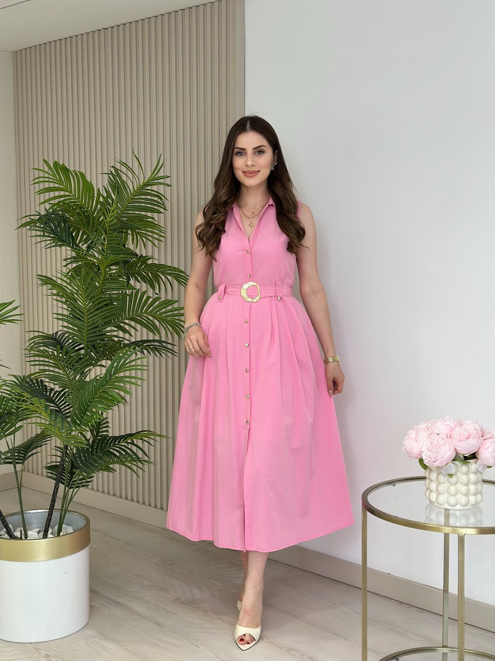 Gold Düğmeli Kemerli Poplin Elbise Pembe