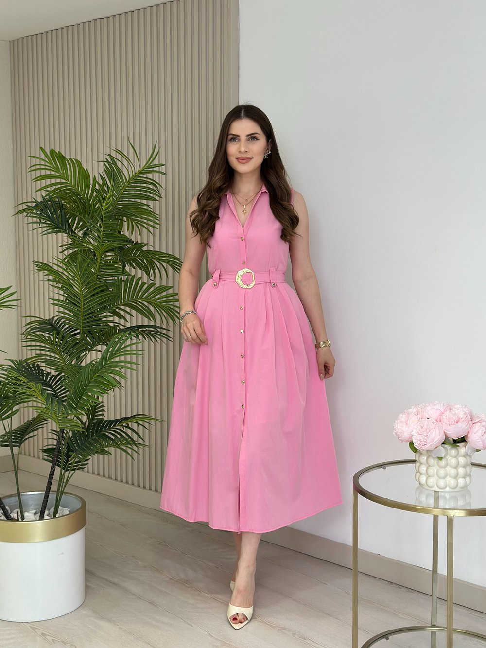 Gold Düğmeli Kemerli Poplin Elbise Pembe