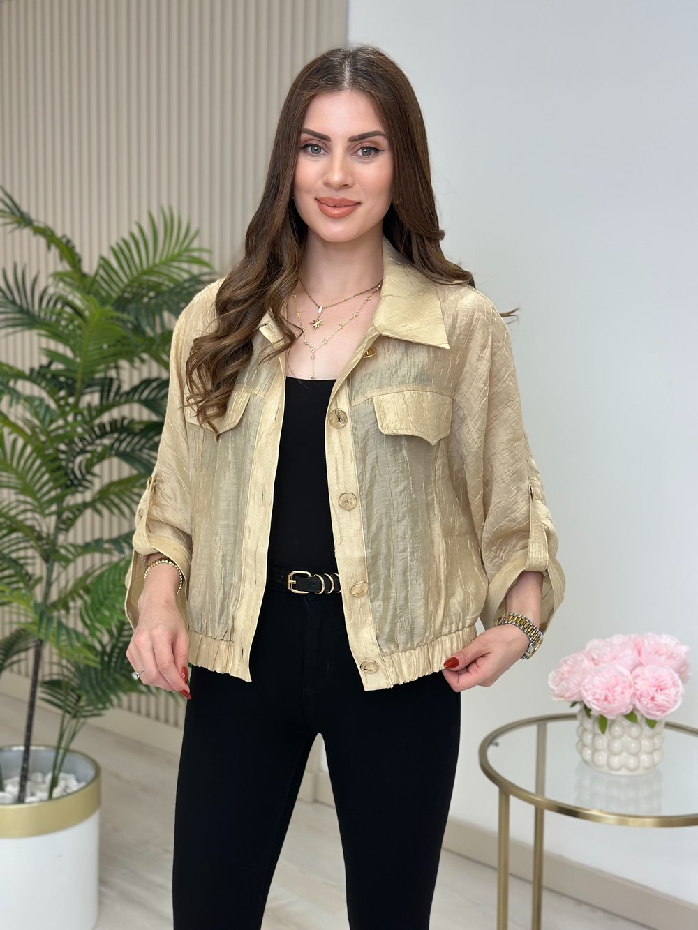 Gold Düğmeli Parlak Bambu Kumaş Bomber Ceket Bej