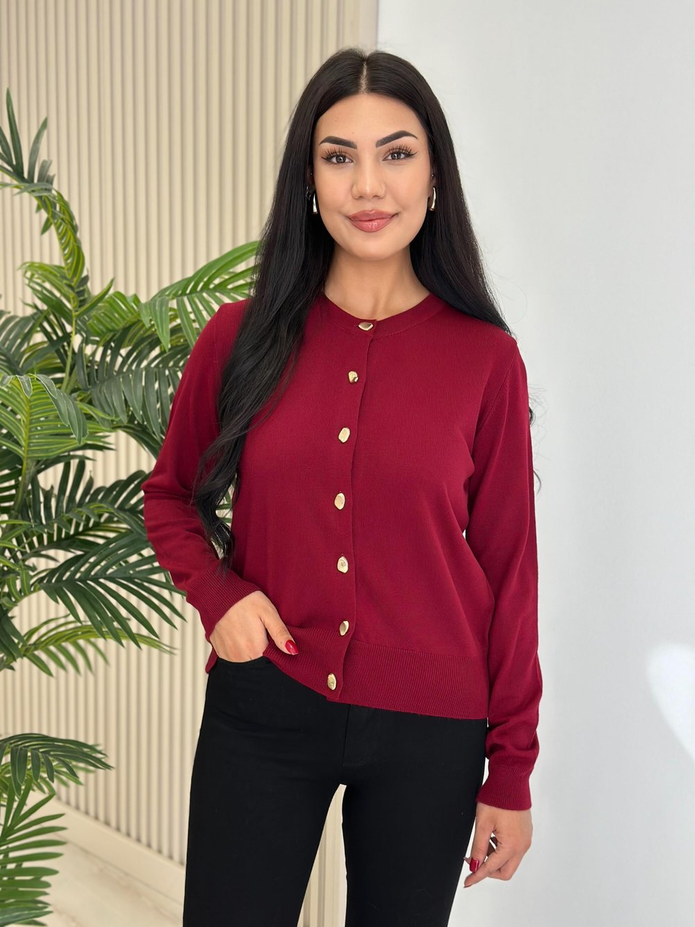 Gold Düğmeli Yumoş Hırka Bordo