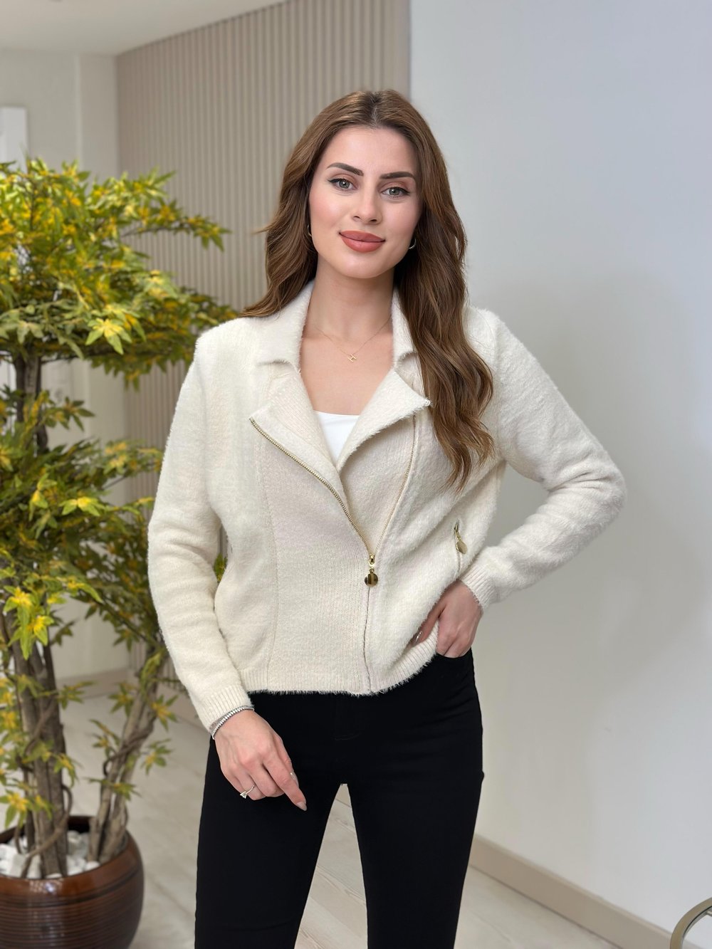 Gold Fermuar Cepli Angora Hırka Krem