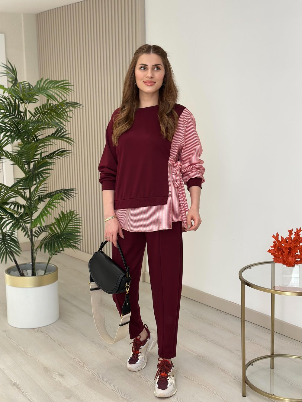 Gömlek Detaylı Modal Kumaş Takım Bordo