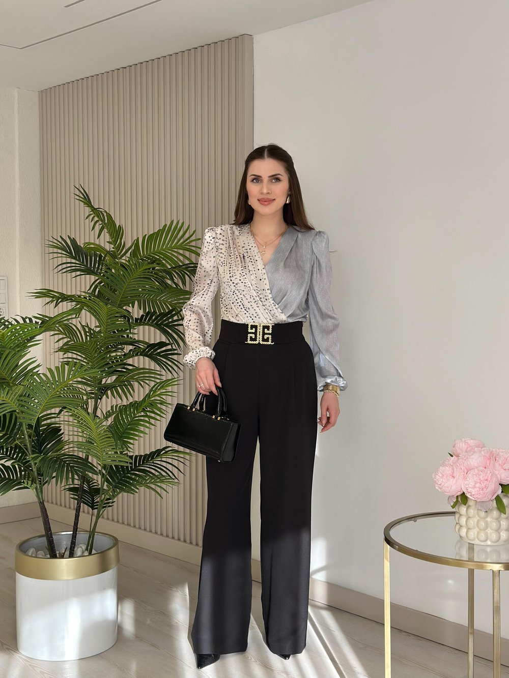 Gri Puantiye Desenli İpek Krep Bodysuit