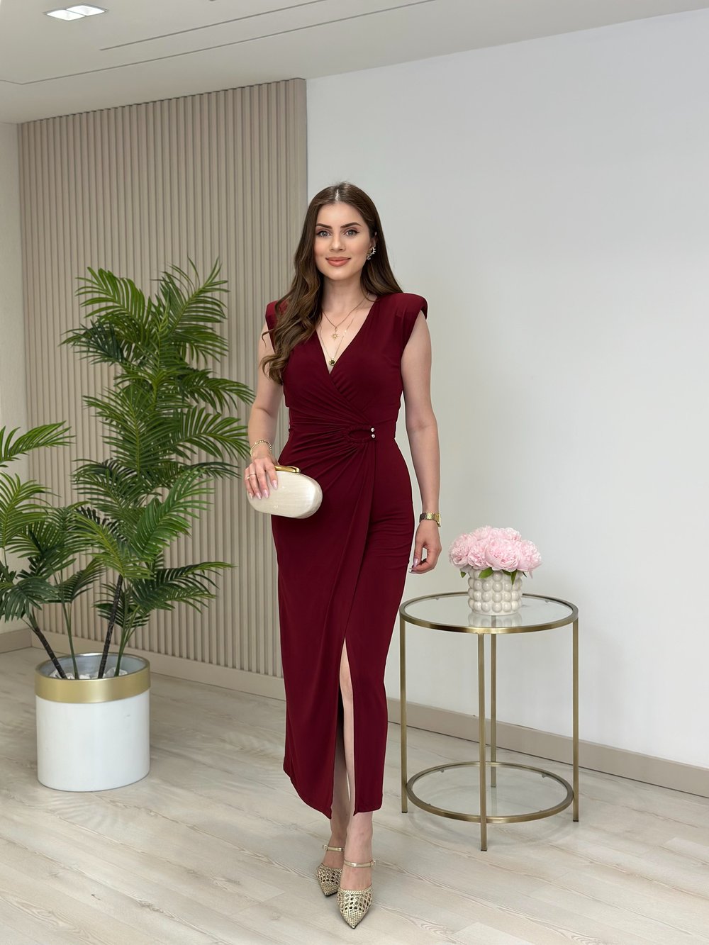 Gümüş Tokalı Anvelop Kesim Vatkalı Elbise Bordo