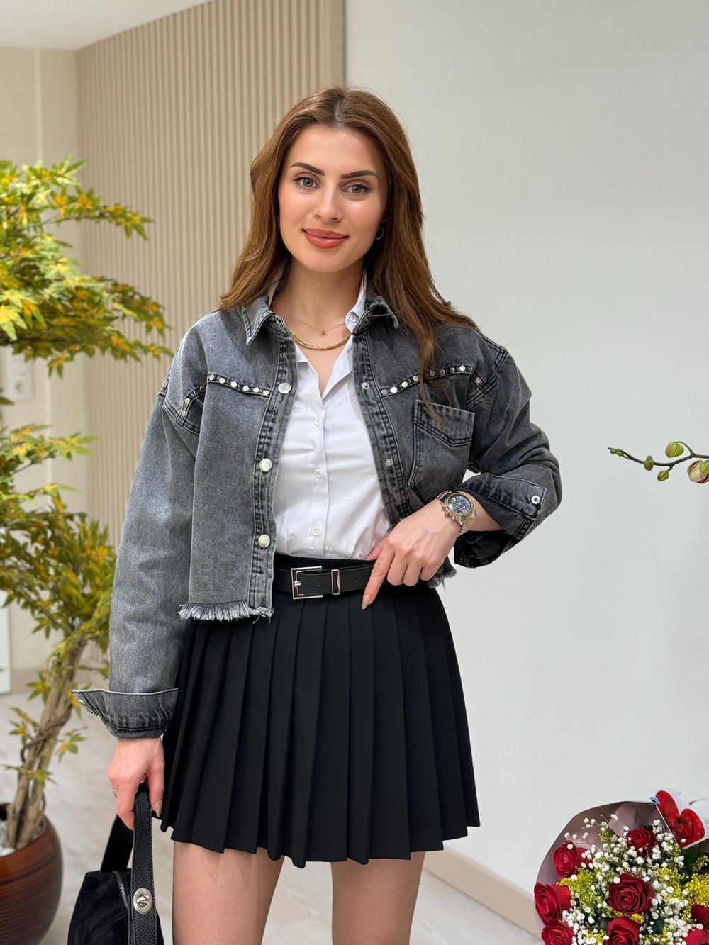 Gümüş Zımbalı Kısa Kot Ceket Füme