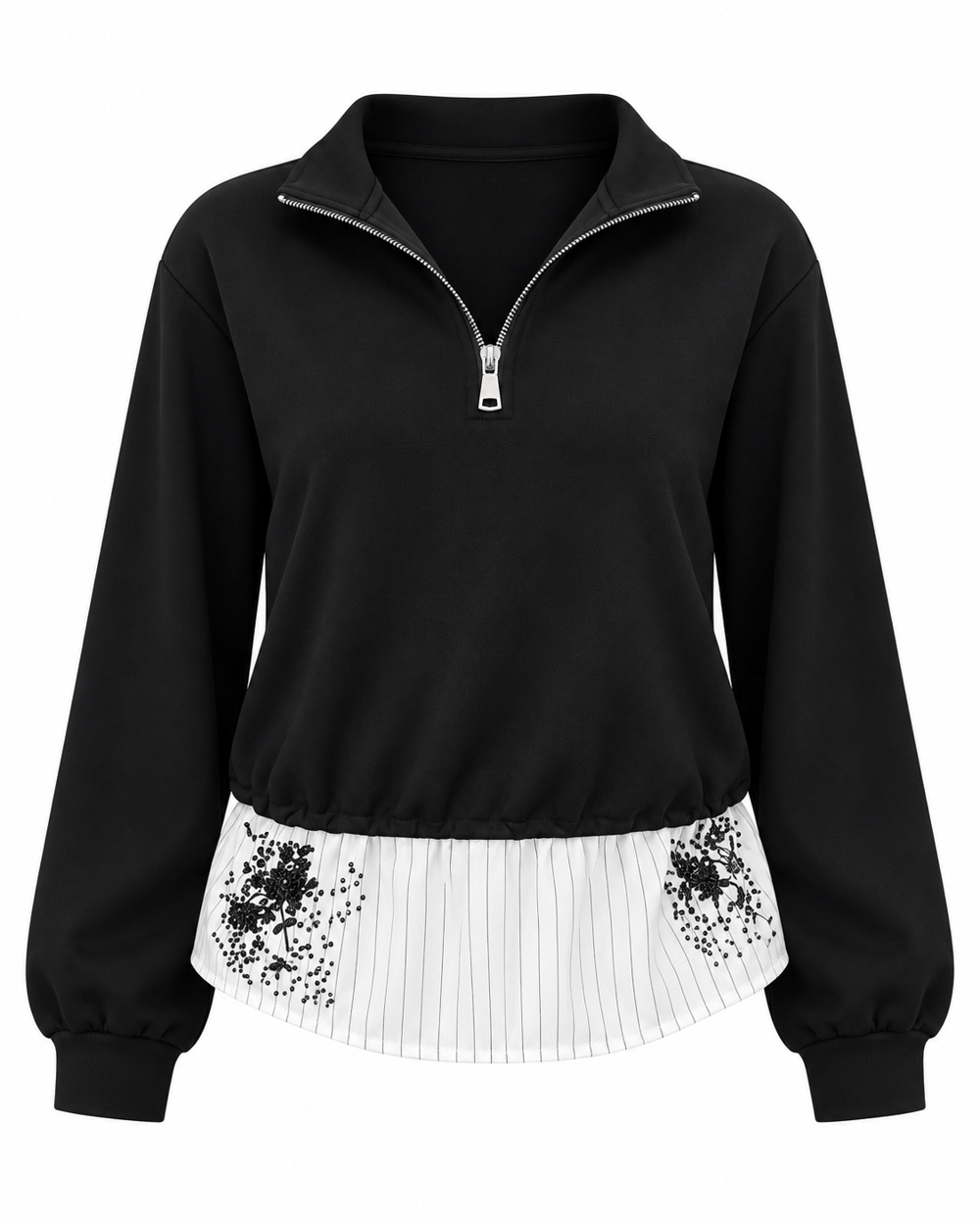 İşleme Detaylı Yakası Fermuarlı Sweatshirt Siyah